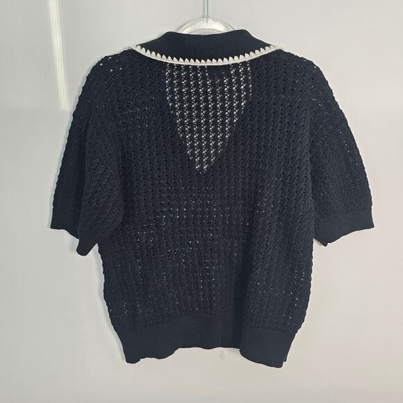 Varley Monte V-Neck Knit Polo Top Black White Contrast Collar Open Knit  XL - Picture 3 of 9